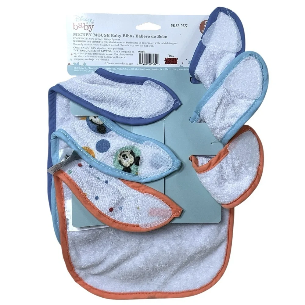 Disney Mickey Mouse Baby Bibs Absorbent Terrycloth VeIcro Closure 3 Pc 0-18 mo